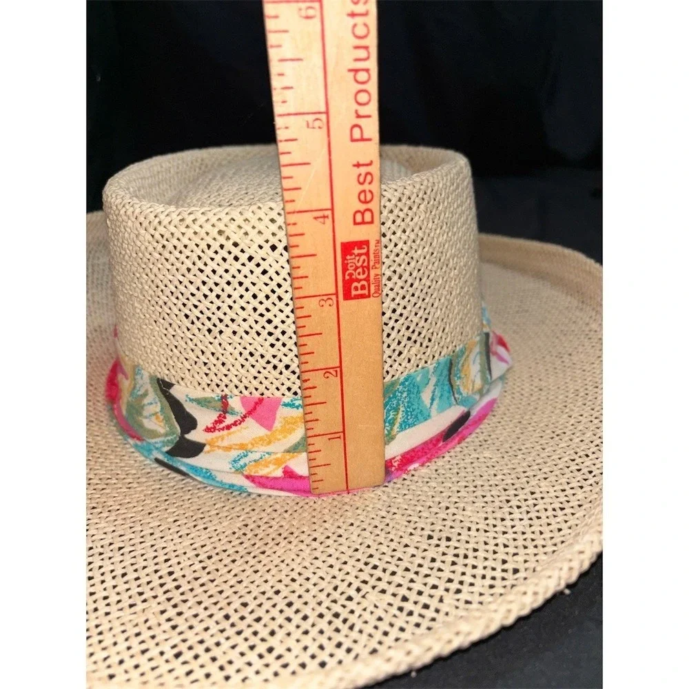 Town Talk Vintage Wide Brim Sun Hat Womens L Beige Straw Floral Band USA classic
